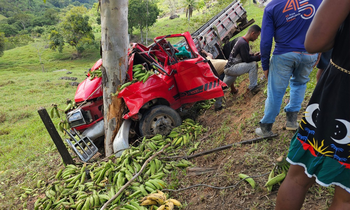 Caminhão é retorcido e motorista fica preso nas ferragens após batida em árvore na Bahia
